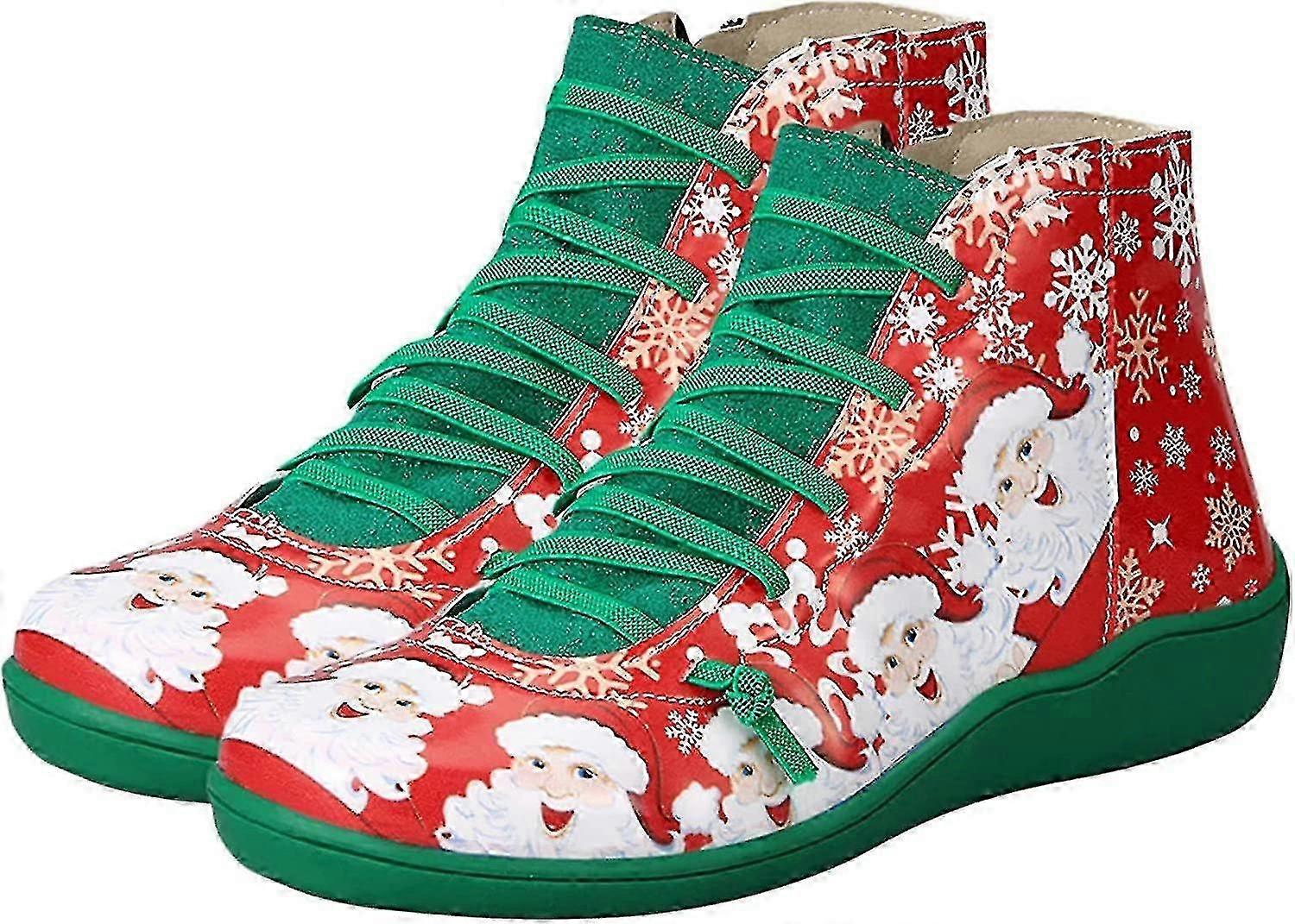 Noel Noel Baba Ayakkabıları Yuvarlak Ayak Dantel-Up Yan Fermuar Xmas Baskılı Kısa Ayak Bileği Botları Noel Baba Kostüm Aksesuarı Kadınlar Için Erkekler, Yeşil, 7-YH