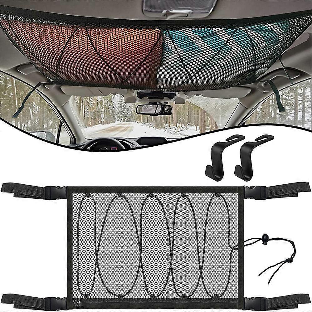 Car roof net bag--(encrypted and thickened black) drawstring type--90X65CM + 2PCS-car small hook--black ordinary type