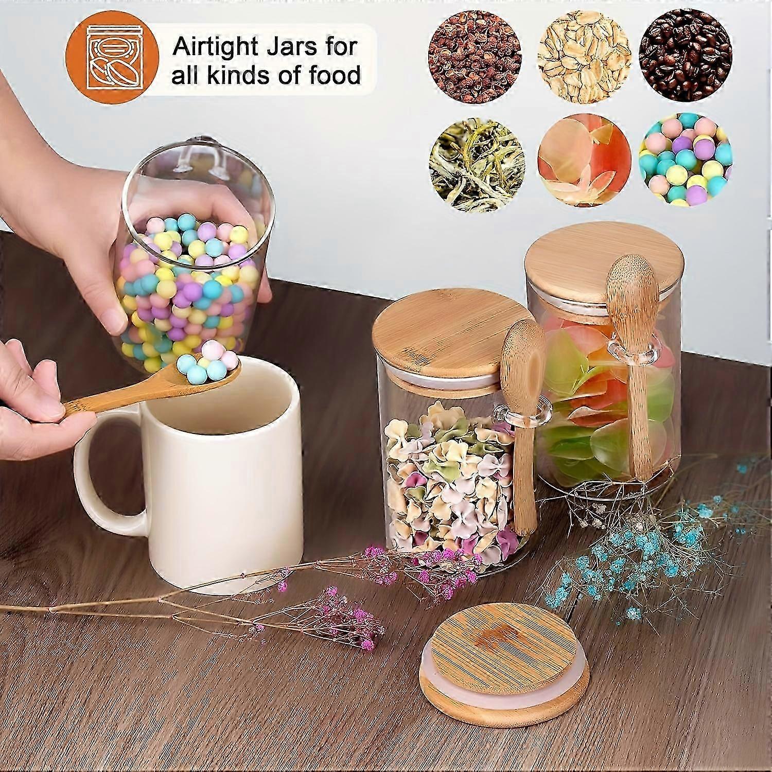 Airtight Glass Jars With Bamboo Lid & Spoons, Glass Food Storage Jars, Borosilicate Glass Canisters For Coffee Bean, Sugar, Dry Goods, Biscuit, Candy,