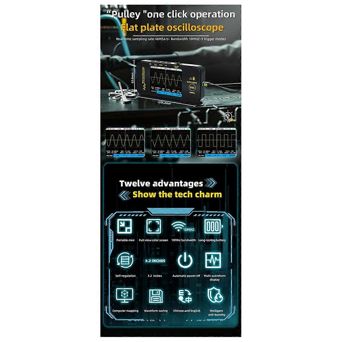 Mini Tablet Oscilloscope Single Channel 10MHz 48MSa/S Handheld Portable Electrician Repair Auto Re