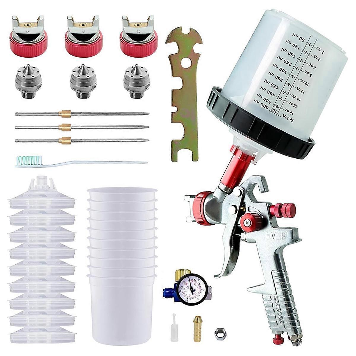 Paint Sprayer with Paint Mixing Cup, Paint- Kit Contain 1.4 1.7 2.0 mm Nozzles 10 Disposable 600ML Cups Red