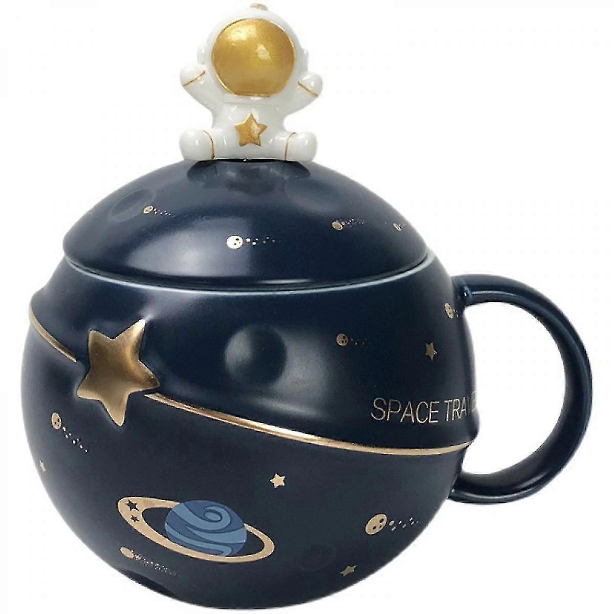 SSRGV Astronaut Cup Space Embossed Planet Mug, Śliczny ceramiczny kubek do kawy, Nowatorski kubek z pokrywką i łyżeczką do kawy, herbaty, mleka (ciemnoniebieski)
