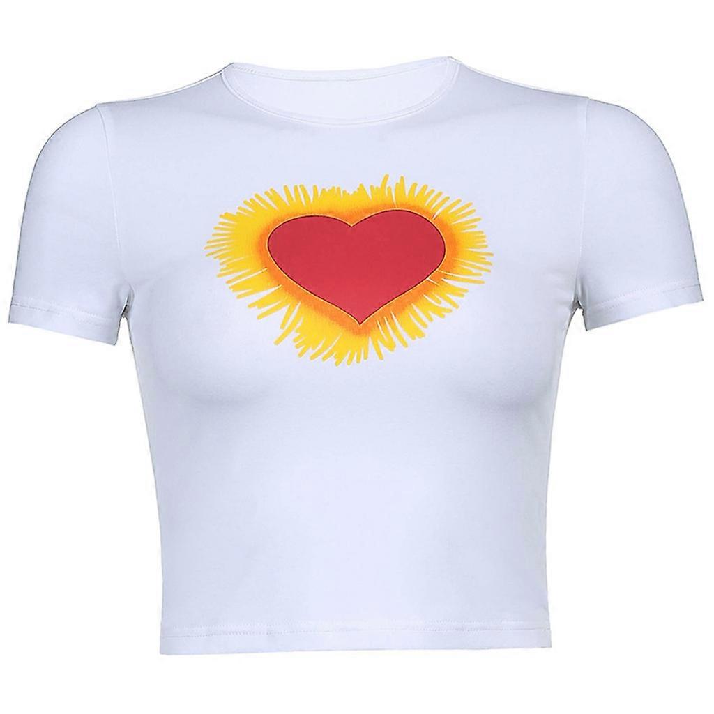 Women Short Sleeve O-Neck for T Shirt Red Heart Tassel Print Cute Harajuku Crop  White M