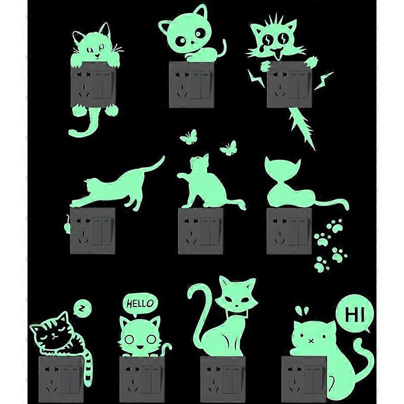 10pcs Luminous Switch Stickers - Creative Cat Fluorescent Wall Decorations