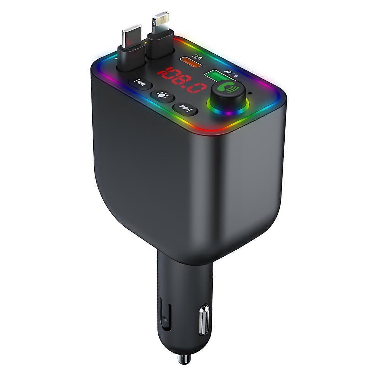 Retractable 120W Fast Car Charger For iPhone With Type-C Cables, Bluetooth FM Transmitter, LED Backlit USB MP3, Model Y4