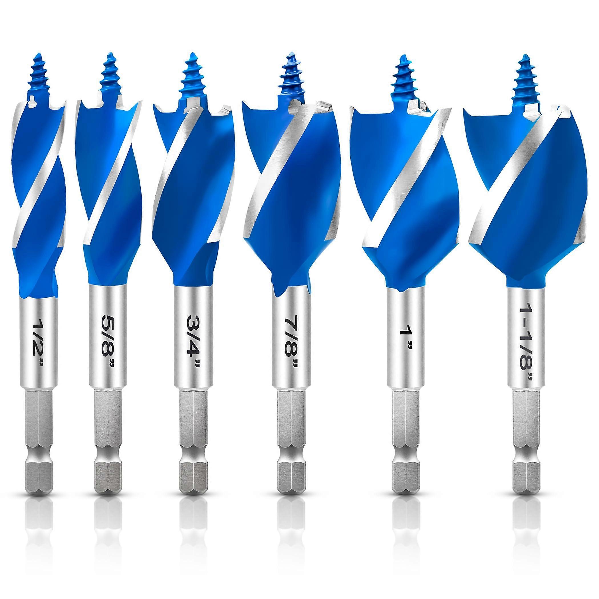 6Pcs Auger Drill Bit Set for Wood, 1/2" to 1-1/8" Inch Sizes, 4-Inch Long with 1/4" Quick Change Hex Shank