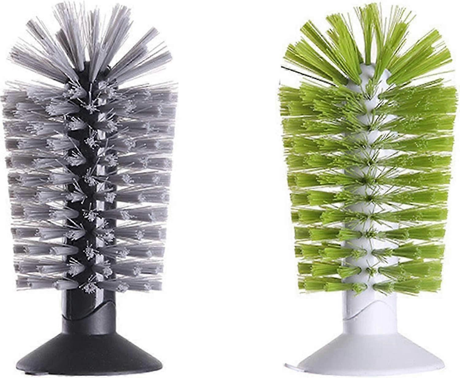 2 PCs Bottle Cleaning Brush with Suction Base Green and Grey