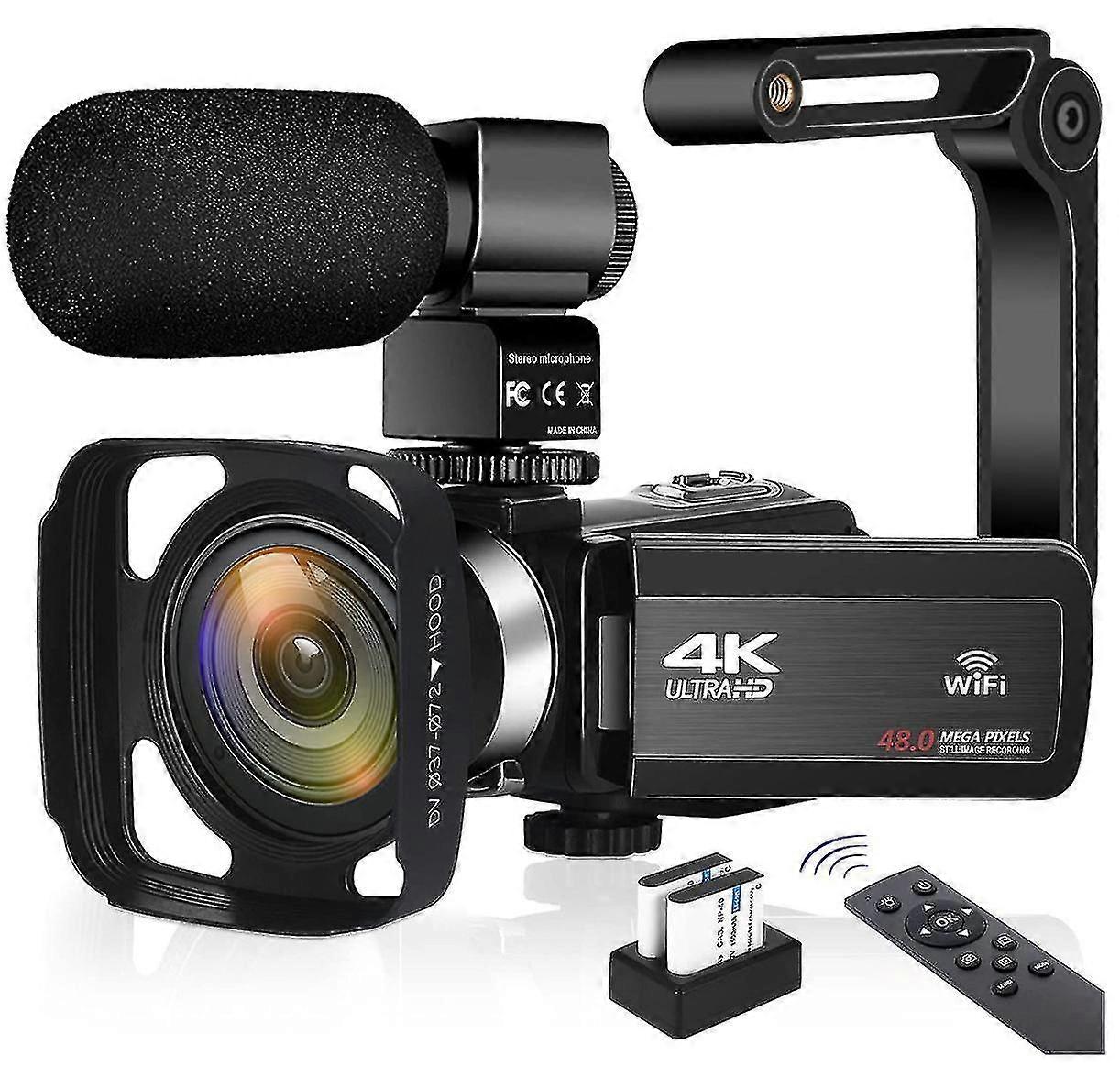 4kカメラ48mp HDデジタルカメラビデオレコーダータッチスクリーンカメラ+広角レンズ1xワイド+マイク+ハンドヘルドスタビライザー