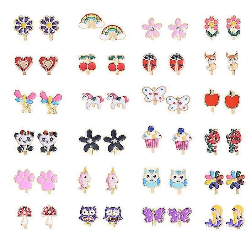 Lebanghui 24 Pairs Kids Clip On Earrings For Girls - Cute Animal Clipon Earrings Pack For Little Girls - Colorful Flower Clip-on Earrings Set For Teen