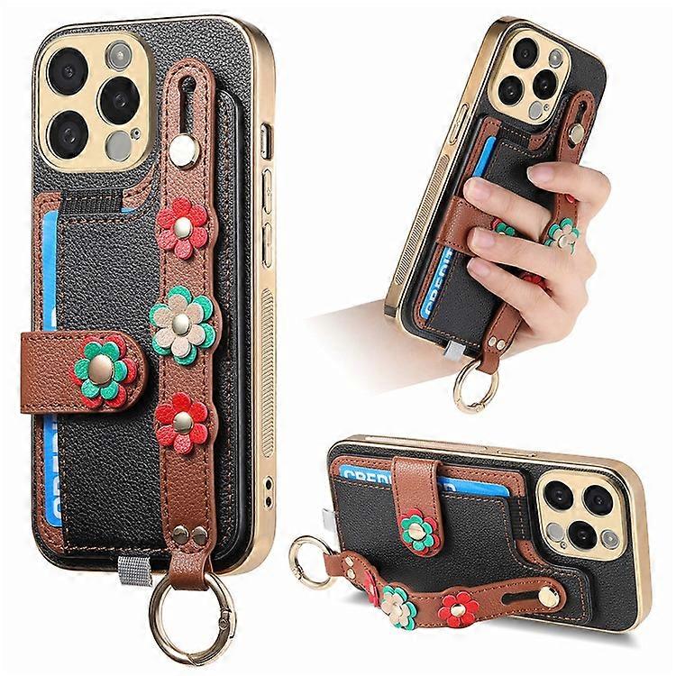W2 Series Compatible For iPhone 15 Pro Max Case Wristband Leather Back Cover 3D Flower Decor