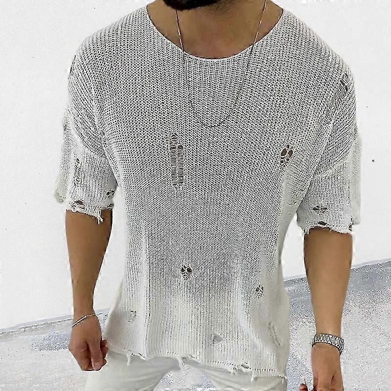 2023 גברים חלול החוצה חורים סקסיים חולצת טריקו סריגים מזדמנים רופפים שרוולים קצרים O צוואר סוודר חולצות חולצת טי סרוגה זכר סגנון רחוב vxz