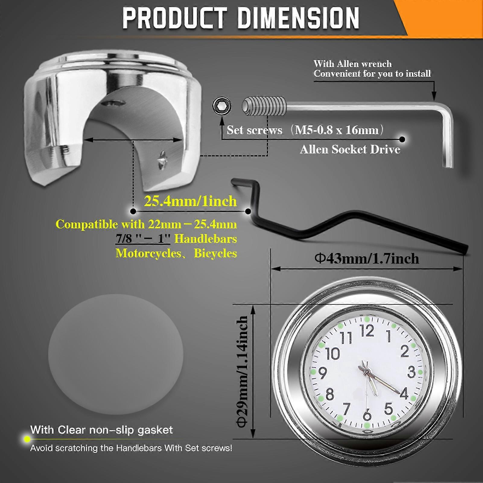 22-25mm handlebar motorcycle bicycle ATV fashion car clock built-in button battery silver white dial clock