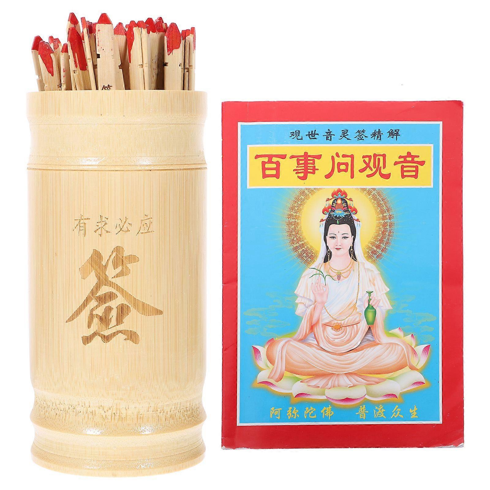 1 Set Chinese Fortune Sticks with Bamboo Bucket and Book Buddhist Divination Props