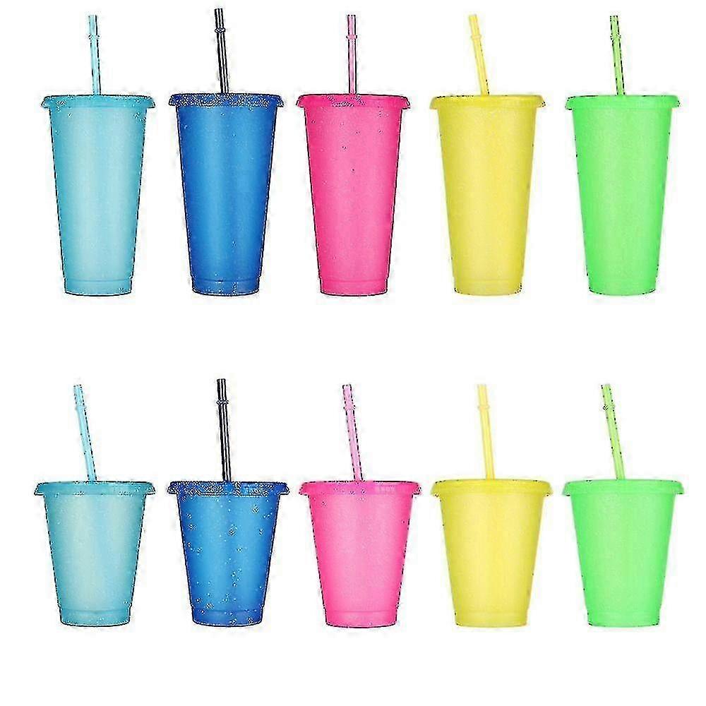 5pcs Reusable Flash Powder Water Cup with Straws and Lid, Suitable for Outdoor Use, 480/700ml Volume Straw Drinking Cup