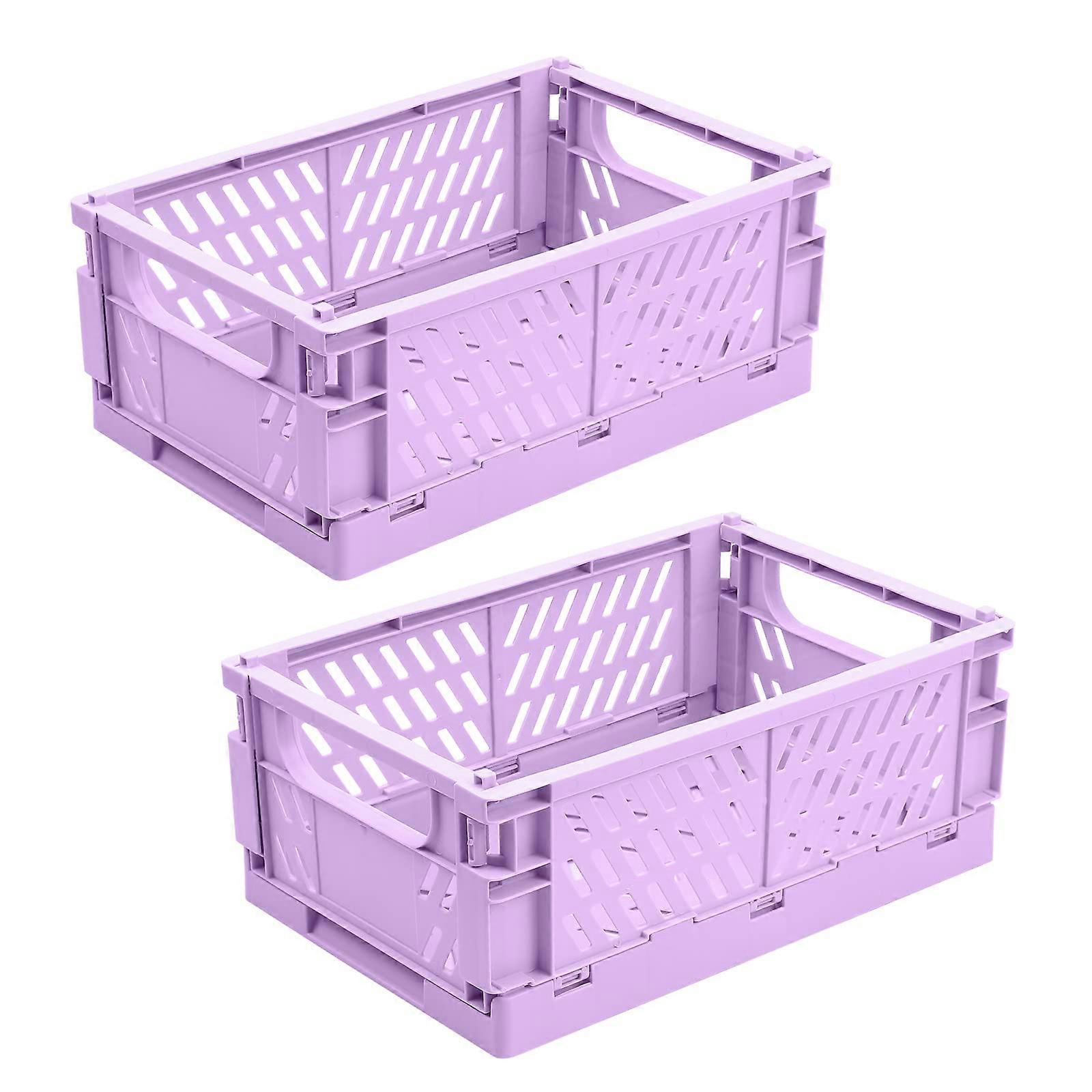 Set of 2 Folding Crates, Large Plastic Foldable Boxes for Kitchen and Office, 25 x 16.5 x 10 cm, Purple