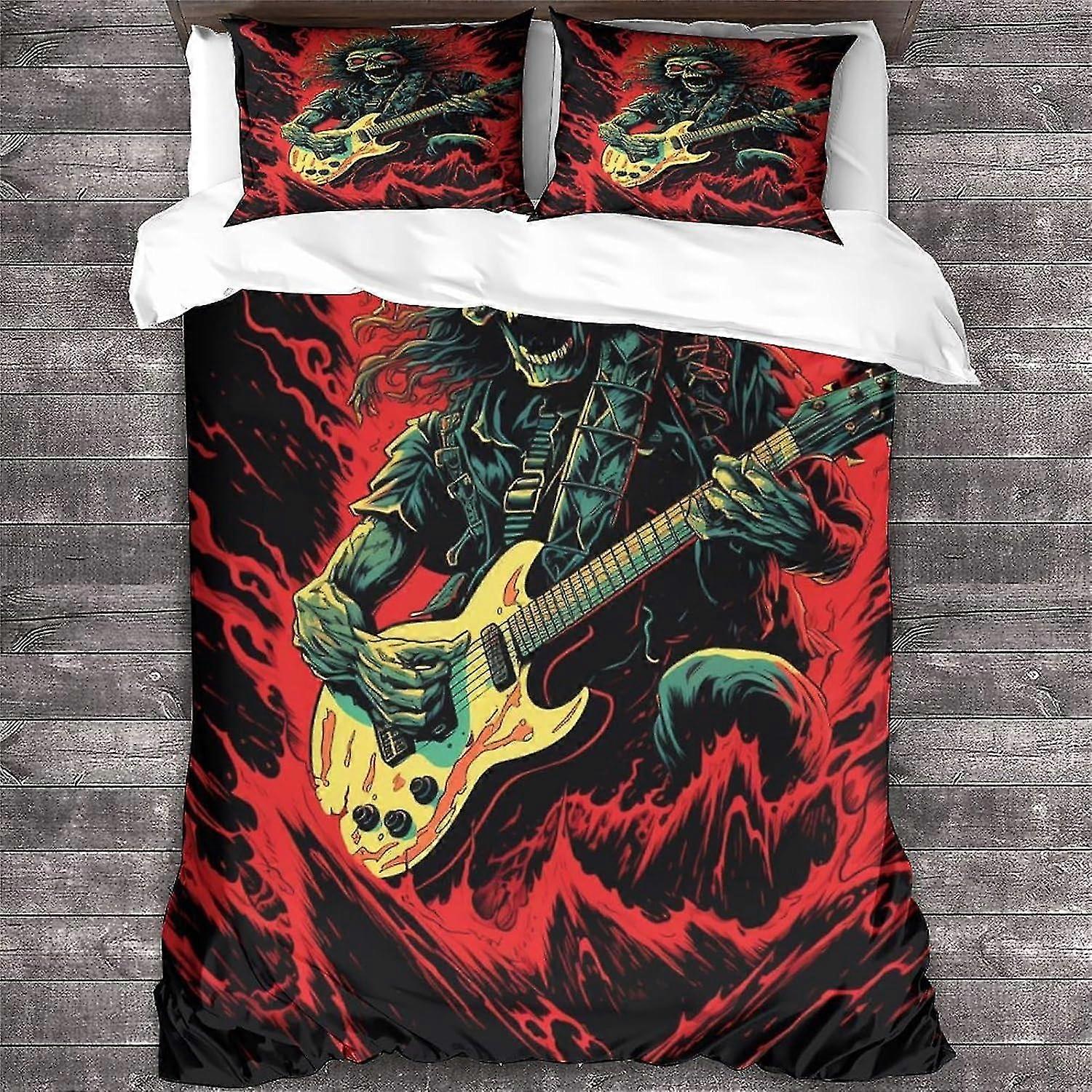 Skalle Print Påslakan Sängkläder Set Mjuk Microfiber med Dragkedja Stängning Heavy Metal Gitarr Täcke Örngott Dubbel