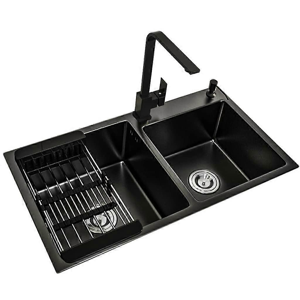 Large Black Nano Double Basin Kitchen Sink, 304 Stainless Steel with Square Faucet/Black/80*45*22cm
