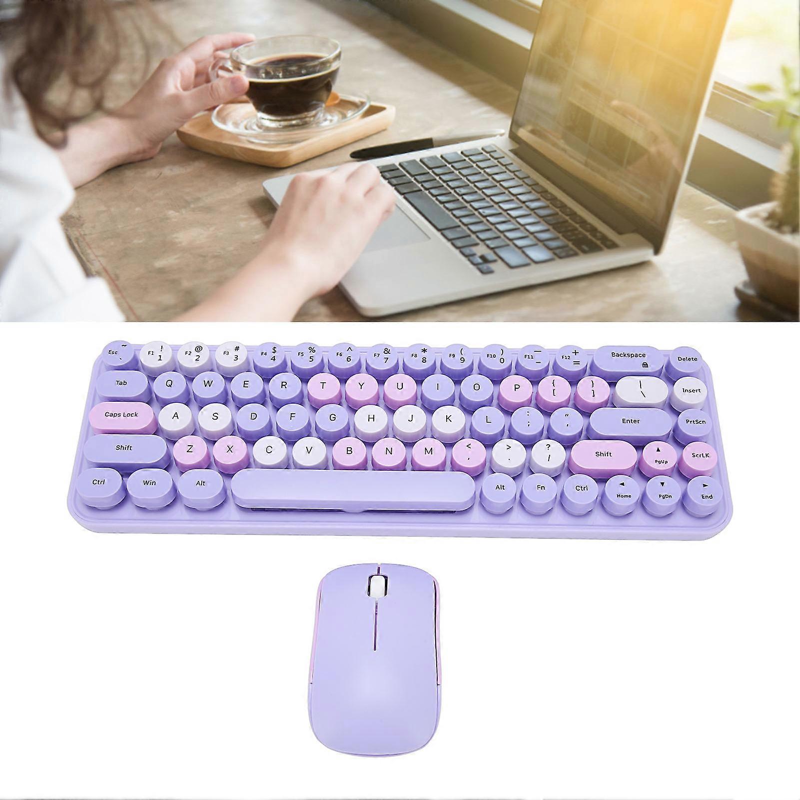 Keyboard Mouse Combo 2.4GHz Wireless Cute Retro 68 Round Keycaps 3 DPI Keyboard and Mouse for Family Office Gaming Purple Theme