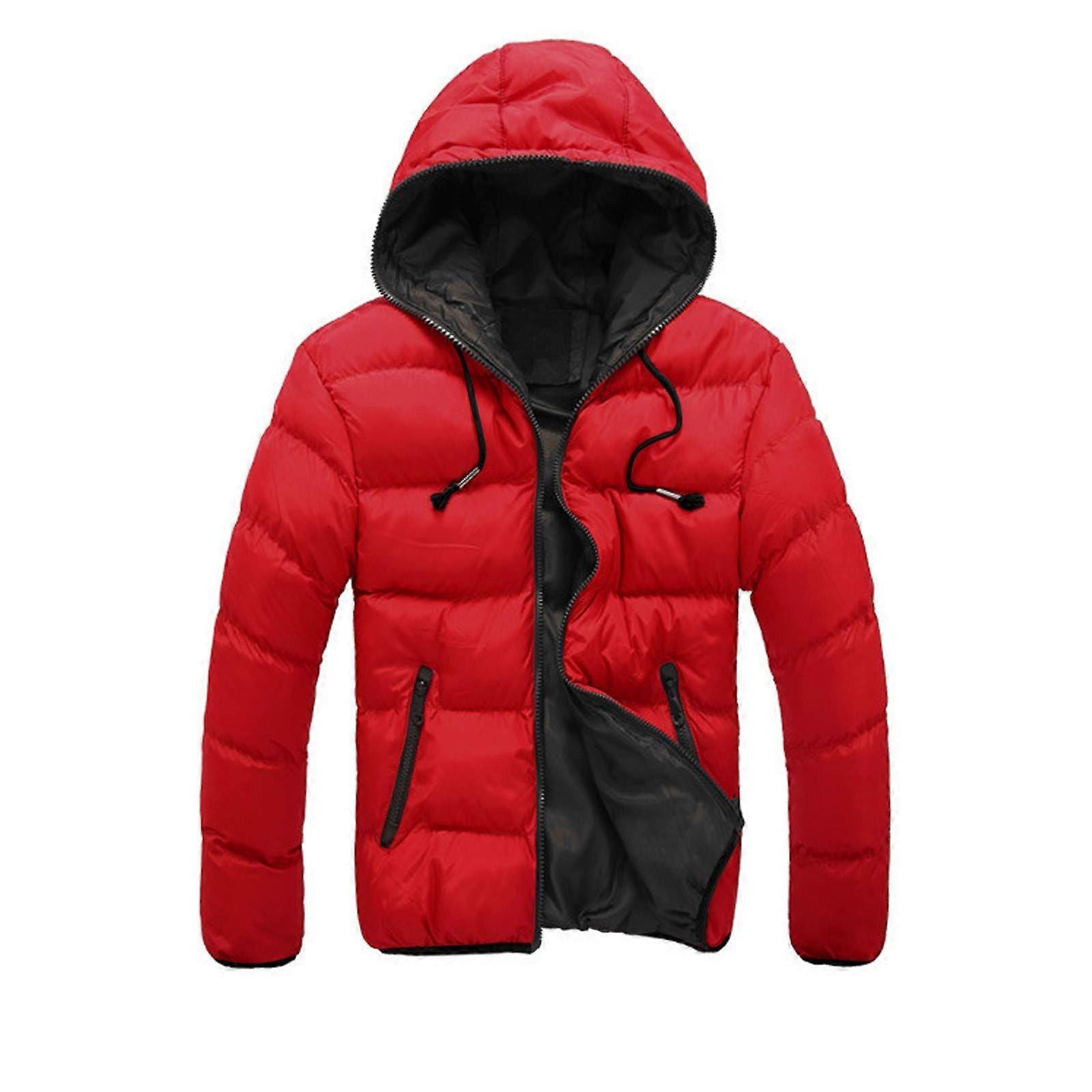 Men's Down Jacket Red M, ColourContrast Quilted Patchwork Cotton, Slim Fit Outdoor Winter Coat, Functional Jacket