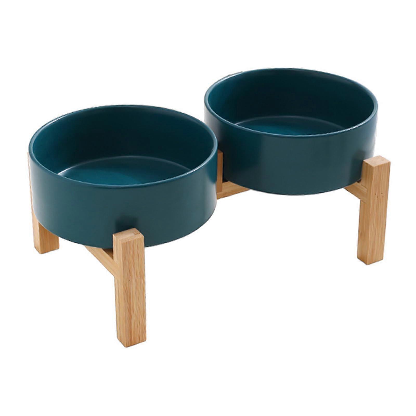 Ceramic Pet Double Bowl Dish with Wooden Base, Dog and Cat Feeding Station, NonSpill Design for Home Use, Elevated Dog Feeding Stand