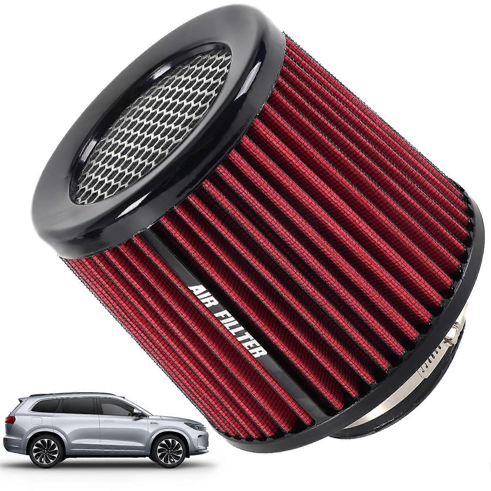 Car Cold Air Intake Filter 76mm, Dry Cone Replacement Air Filter, Washable Reusable High Flow Red Filter for Enhanced Performance