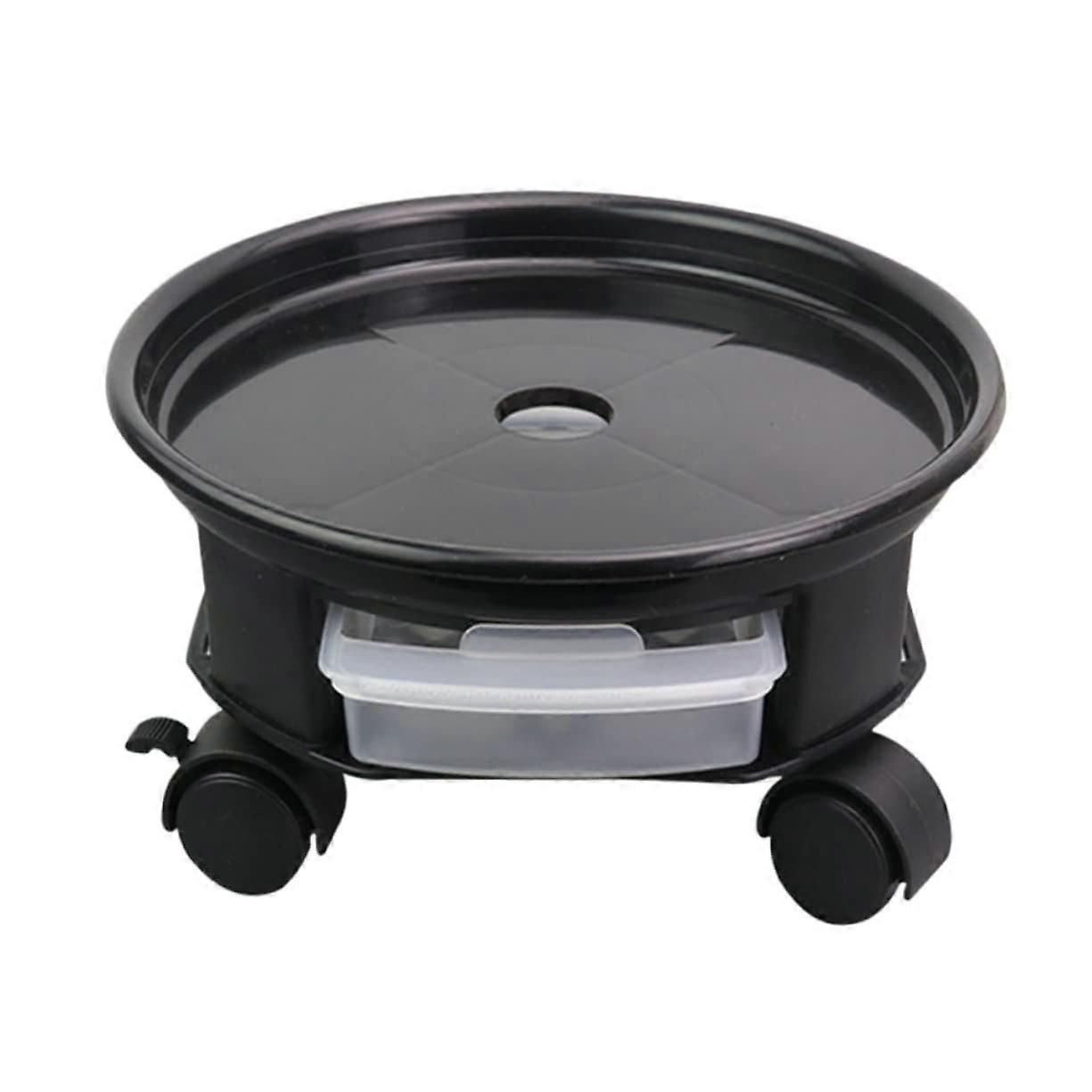 Round flower pot transport trolley with wheels and practical flower pot base with drawer for repotting, black