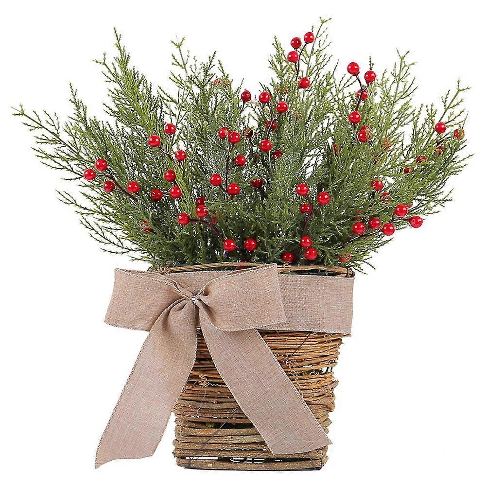 Artificial Pine Branches Red Berry Stems Flower Basket Home Front Door Decor for Window