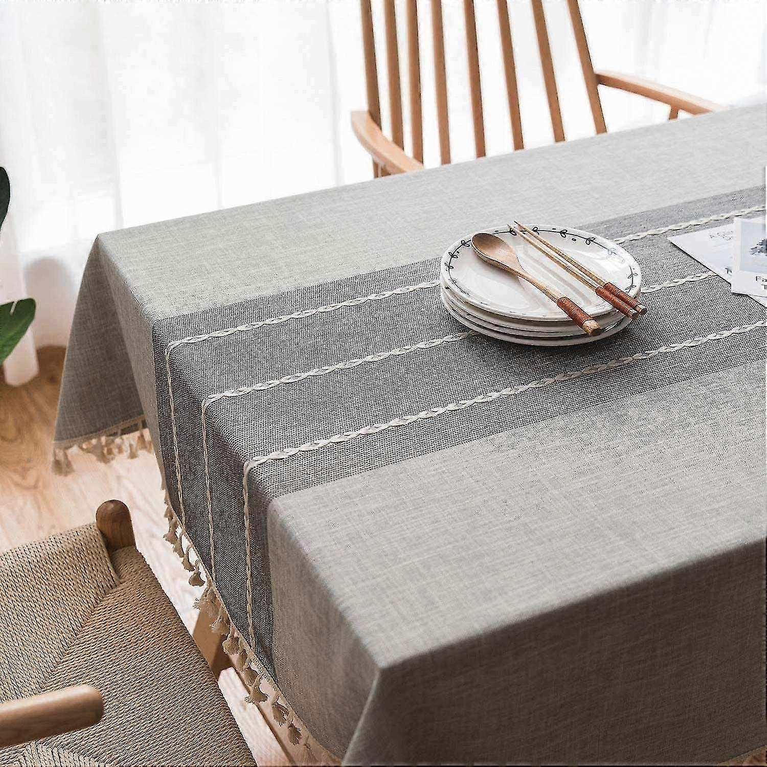 Cotton and Linen Rectangular Table Cloth, Embroidered Anti-Stain Waterproof Table Cloth Table Protec