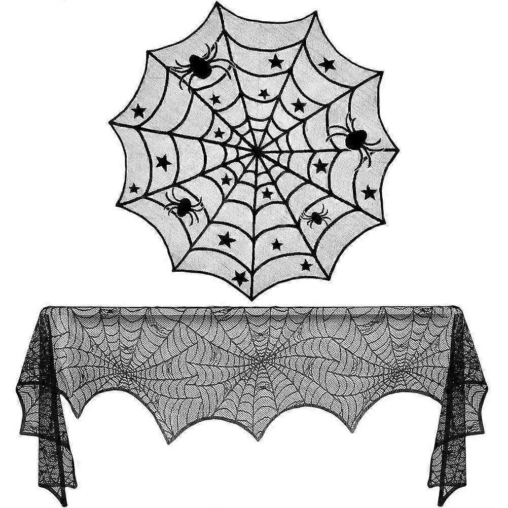 2Pcs Halloween Tablecloth Lace Tablecloth Fireplace Cloth Spider Web Tablecloth