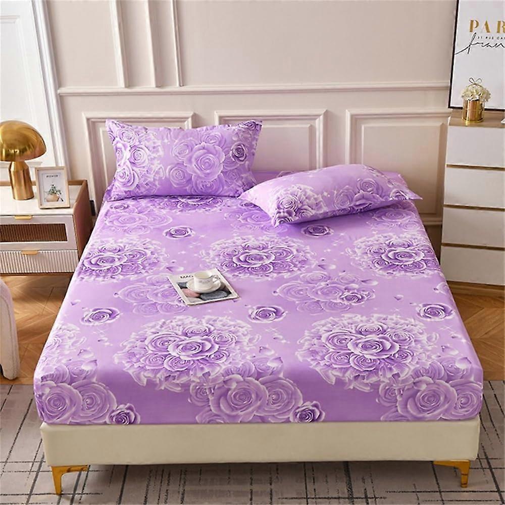 Fitted Sheets Floral Pattern Microfibre 25cm Deep Pocket Anti-Slip Purple 150x200cm +25cm King Double Single Sizes