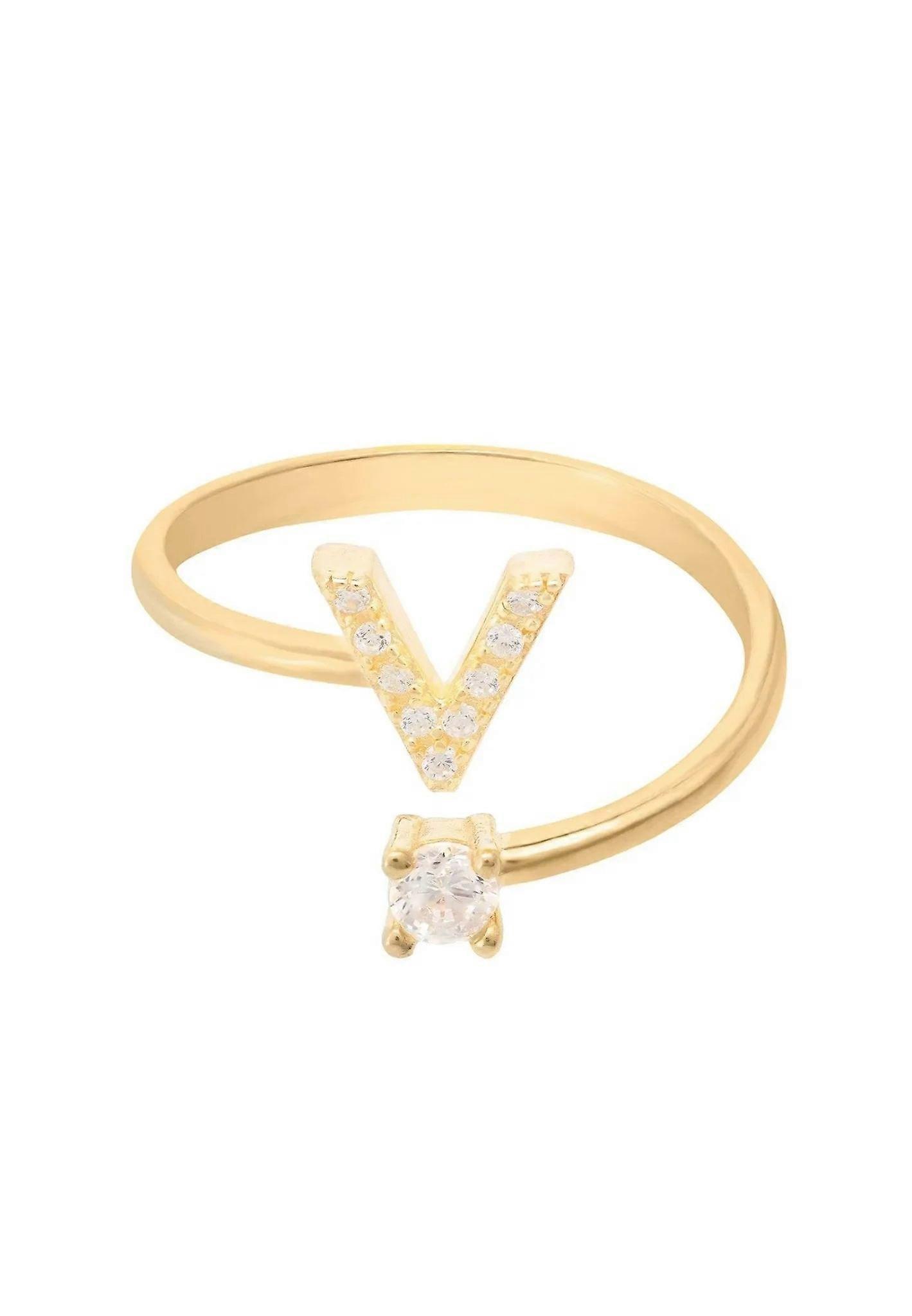Latelita Initial Ring Gold V - Personalized Name Ring in 925 Sterling Silver with Cubic Zirconia (Average Size 6)