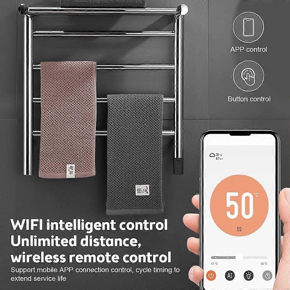 WiFi Electric Towel Warmer Rack 45W 24V 4 Bars Towel Warmer with Top Shelf Timer Wall Mounted IPX4 Waterproof AI Tuya App Temperature Adjustable Fast