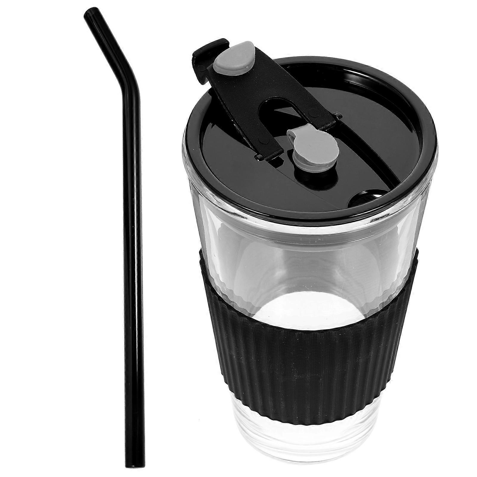 Glass Cup with Lid and Straw for Drinking 2Sets Black Silicone and Glass
