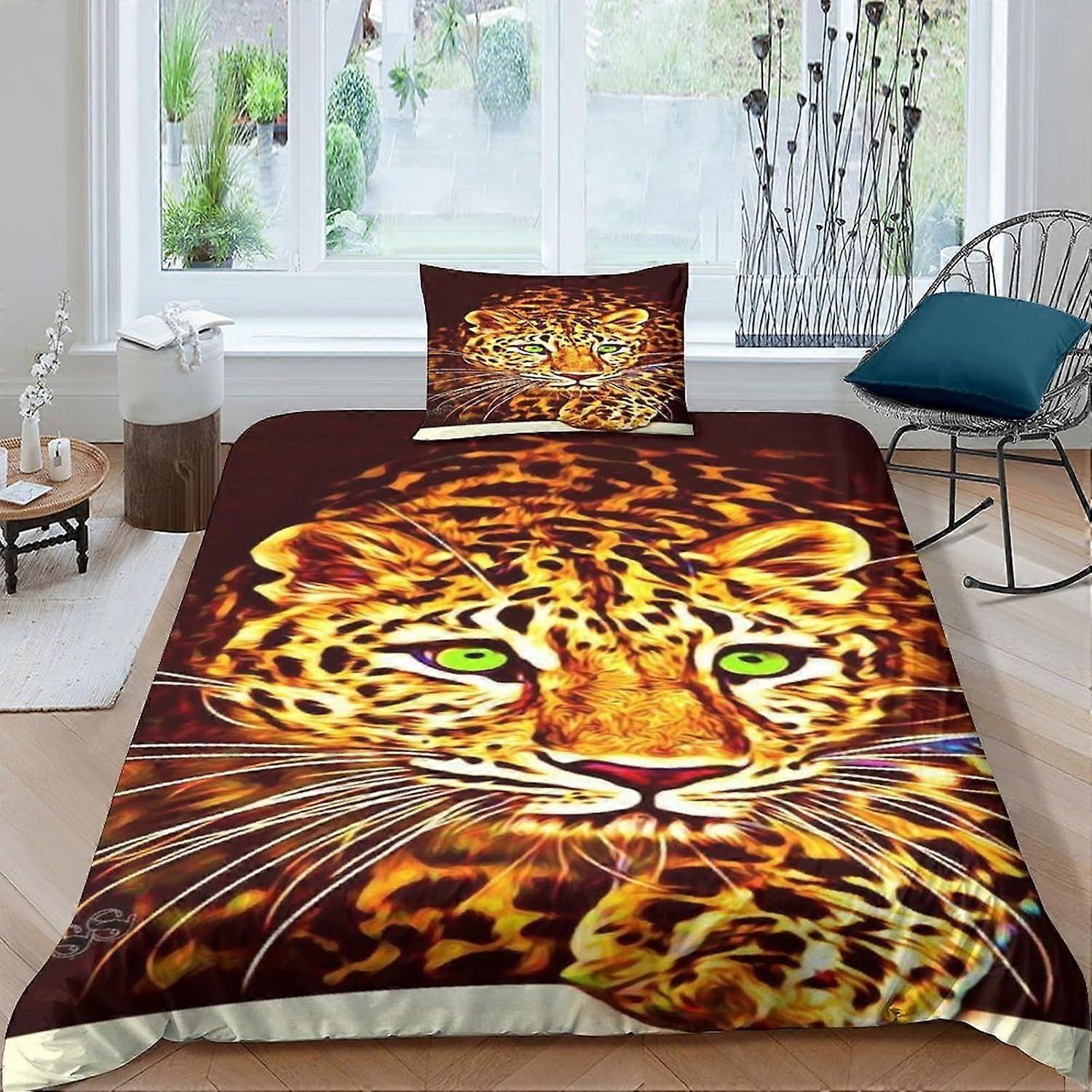 Conjunto de cama com estampa de leopardo em 3D para crianças e adultos, capa de edredom com fronhas, capa de microfibra com fecho de zíper.