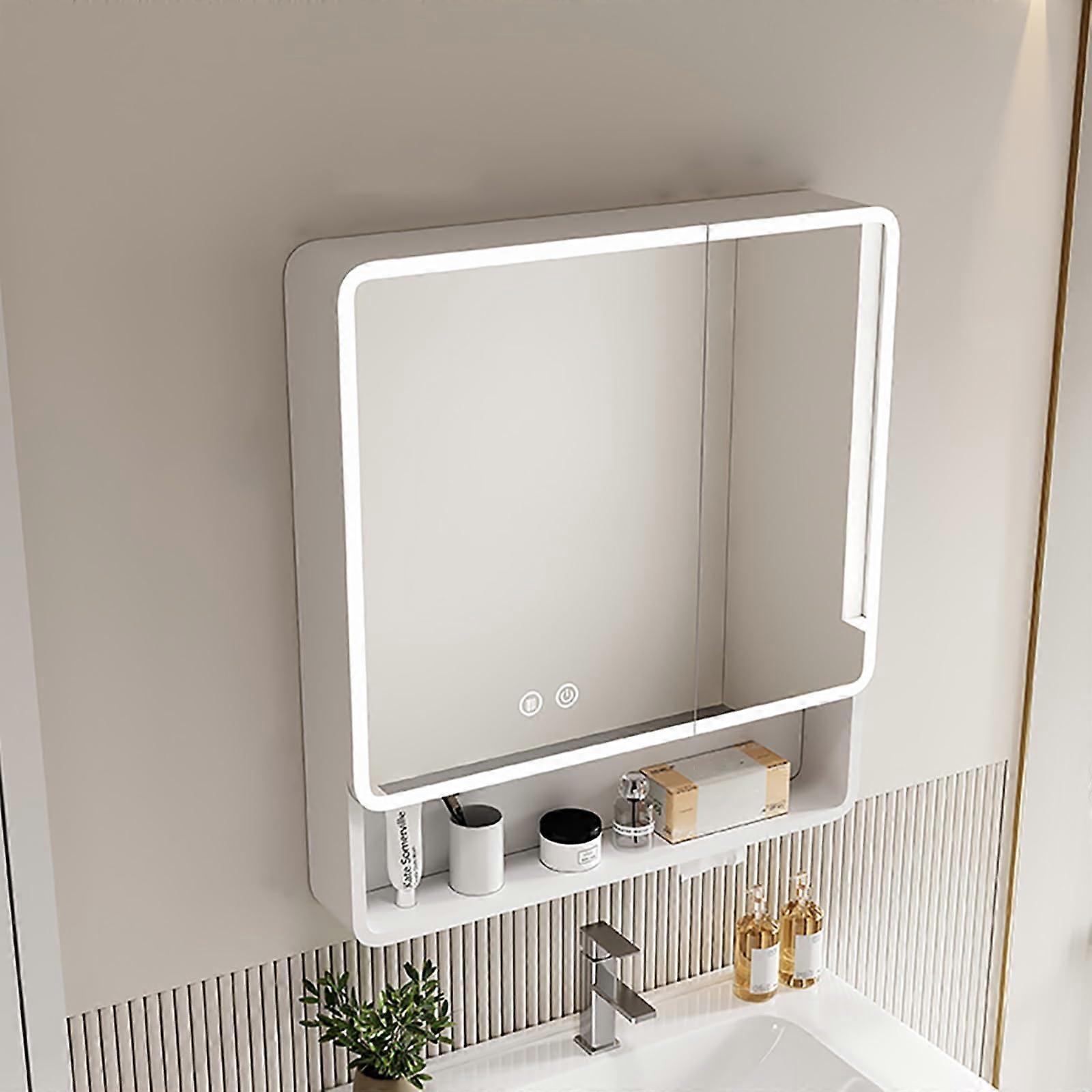 Modern LED Bathroom Mirror Cabinet with AntiFog Wall Mounted Storage and Open Shelf 60cm White