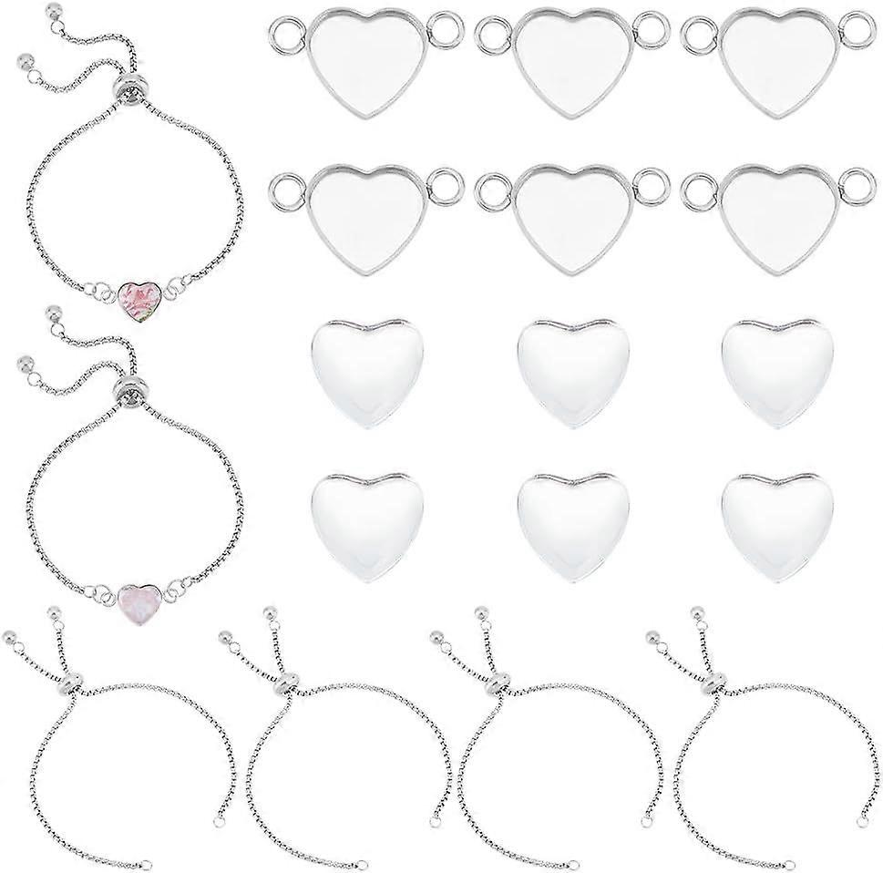 6 Sets DIY Blank Heart Link Bracelet Making Kit 304 Stainless Steel Heart Cabochon Connector Settings Adjustable Slider Bracelet with Cabochons with B