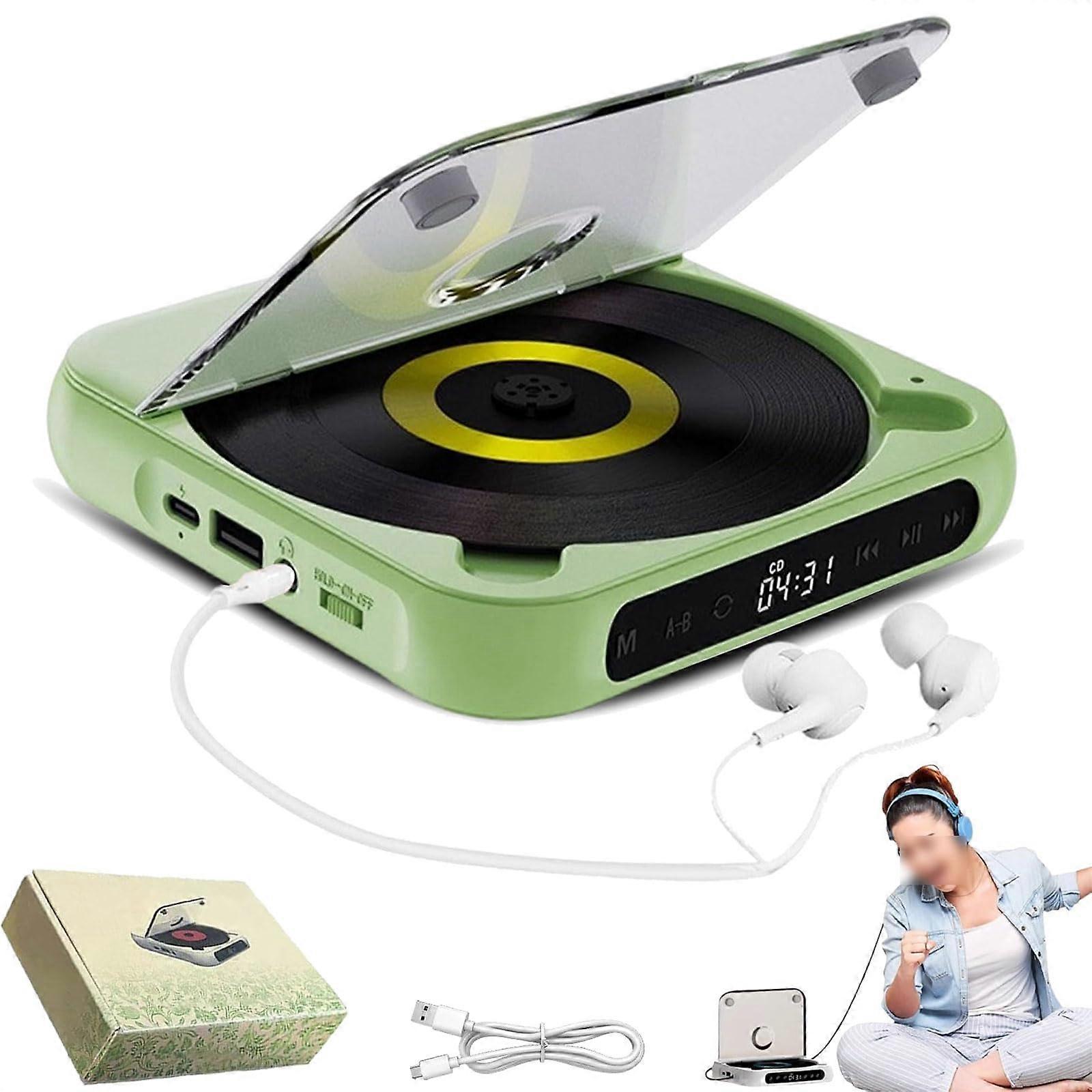 Portable Bluetooth CD Player with Speakers, Rechargeable, USB and TF Card Slot, Retro Green