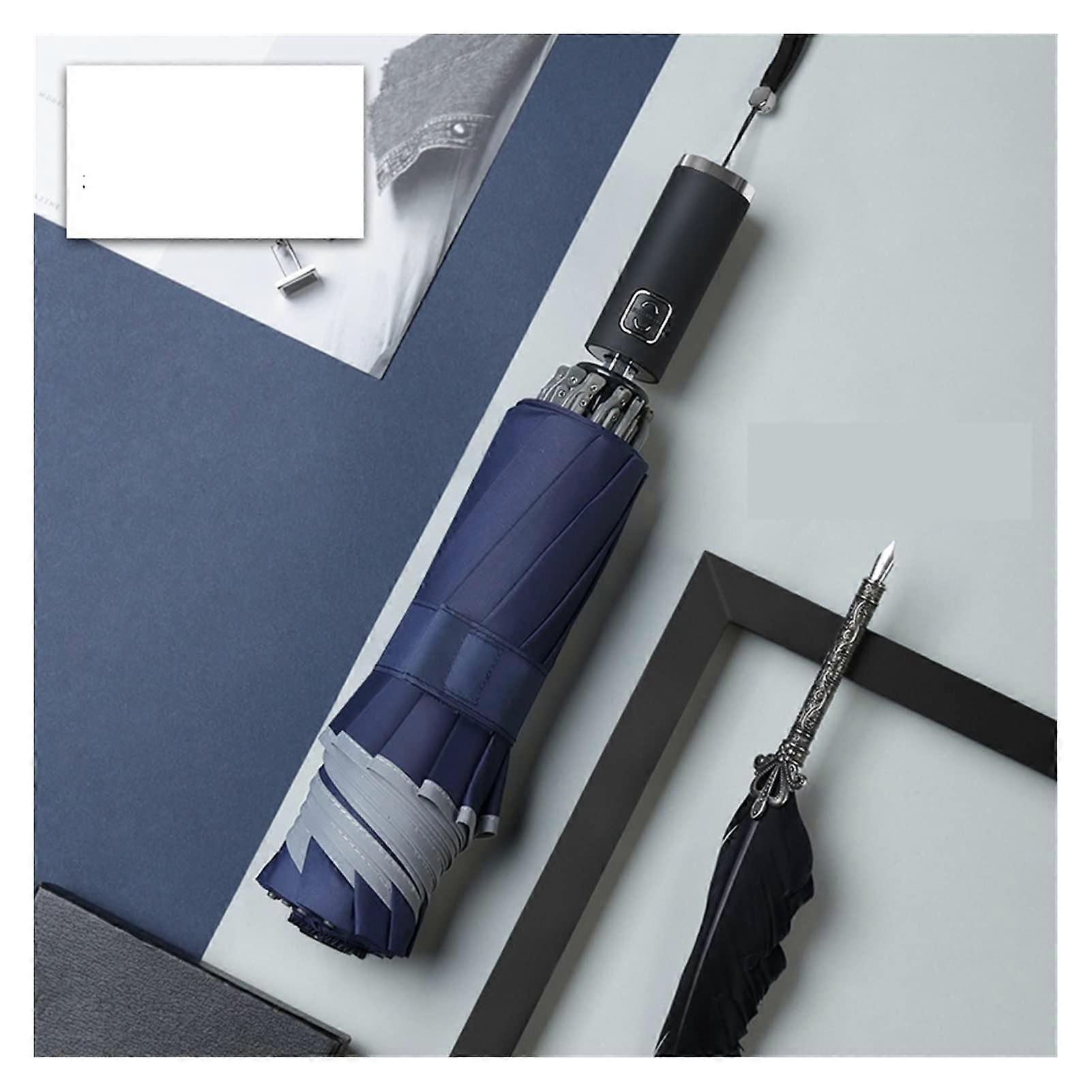 Reverse Umbrella Automatic Folding Windproof Inverted Design for Travel and Car Use Blue