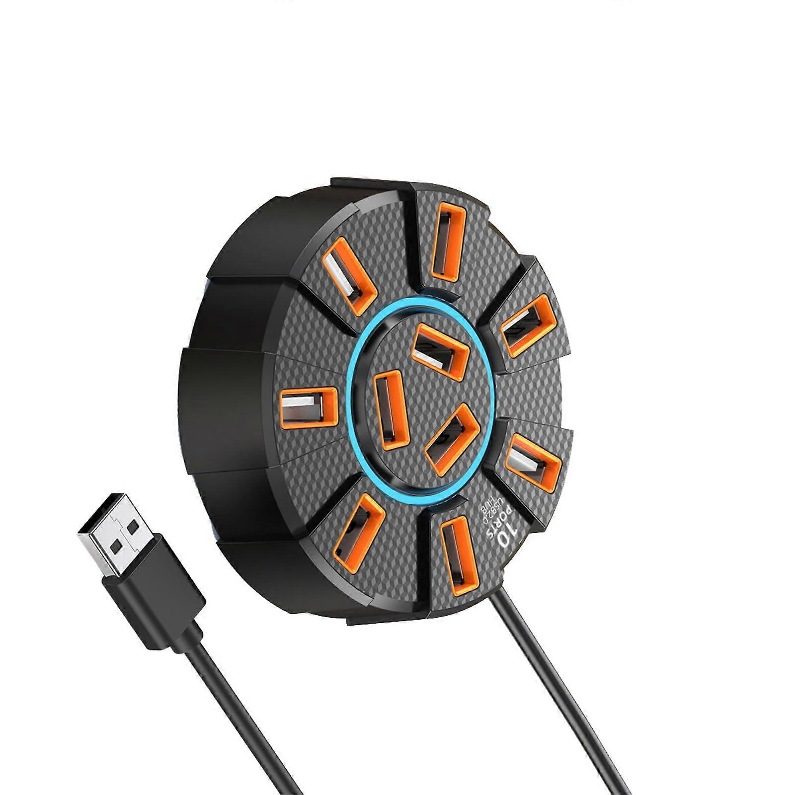 10 Port USB Hub 2.0 Docking Station for Laptop Keyboard MultiDevice Sync 1.2m Cable Black