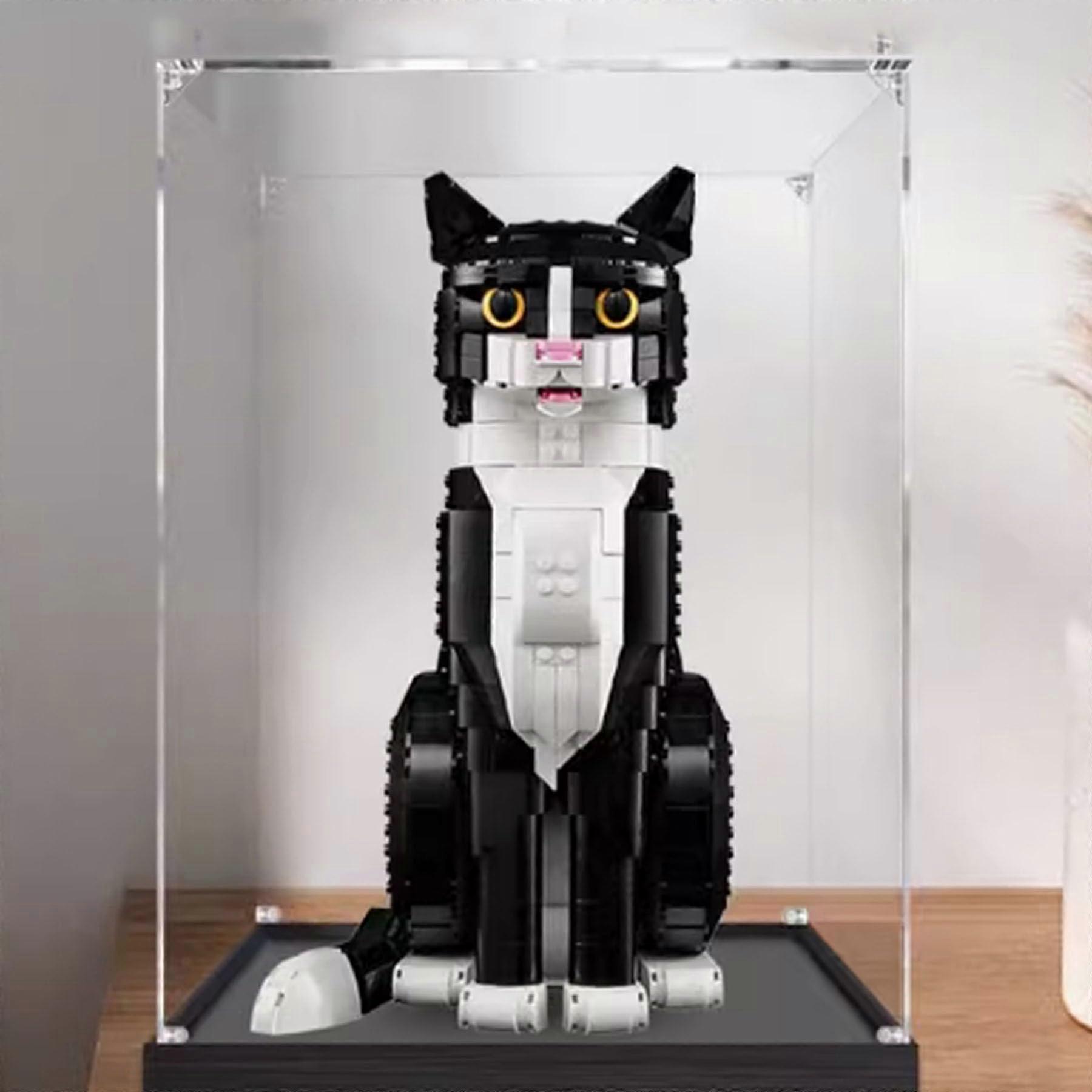 Acrylic Display Case for  21349 Cat Model, Dustproof Clear Panels, 2mm Black Base
