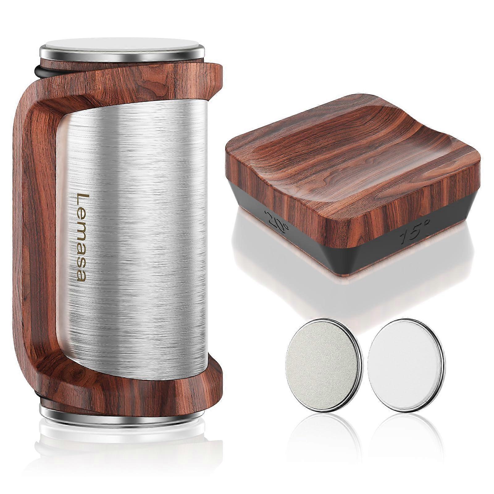 Diamond Knife Sharpener with Wheel and Ceramic Discs, 4Angle Fine Grinding for Kitchen, Wood Grain