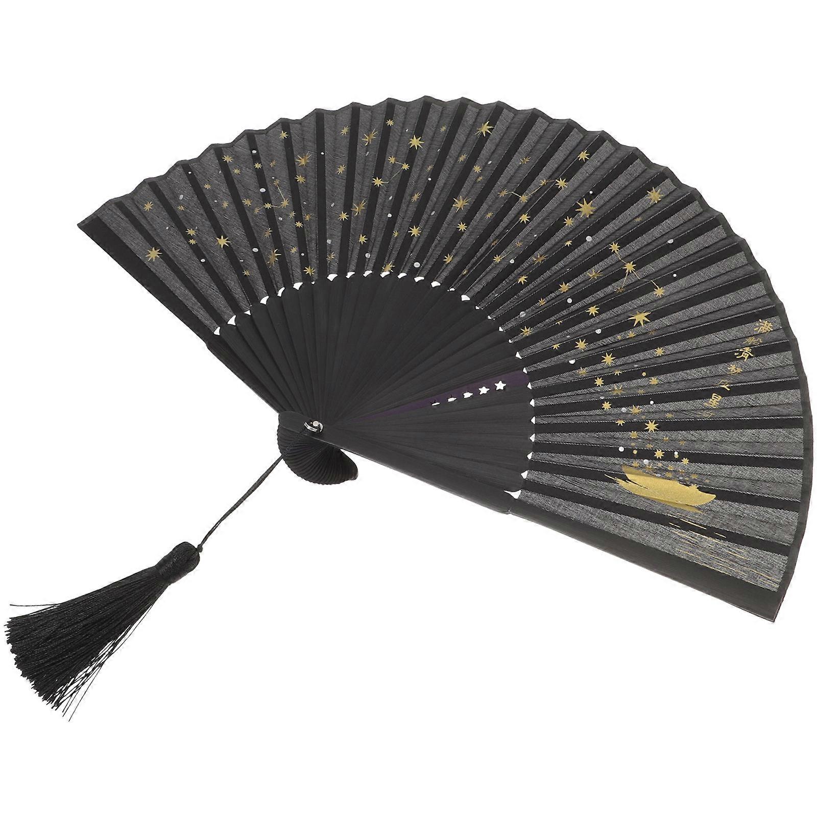 Handheld Bamboo Folding Fan for Decor and Dancing Party Black