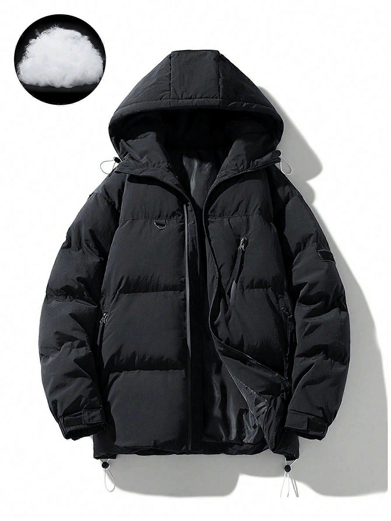 Men Drawstring Hem Hooded Puffer Coat