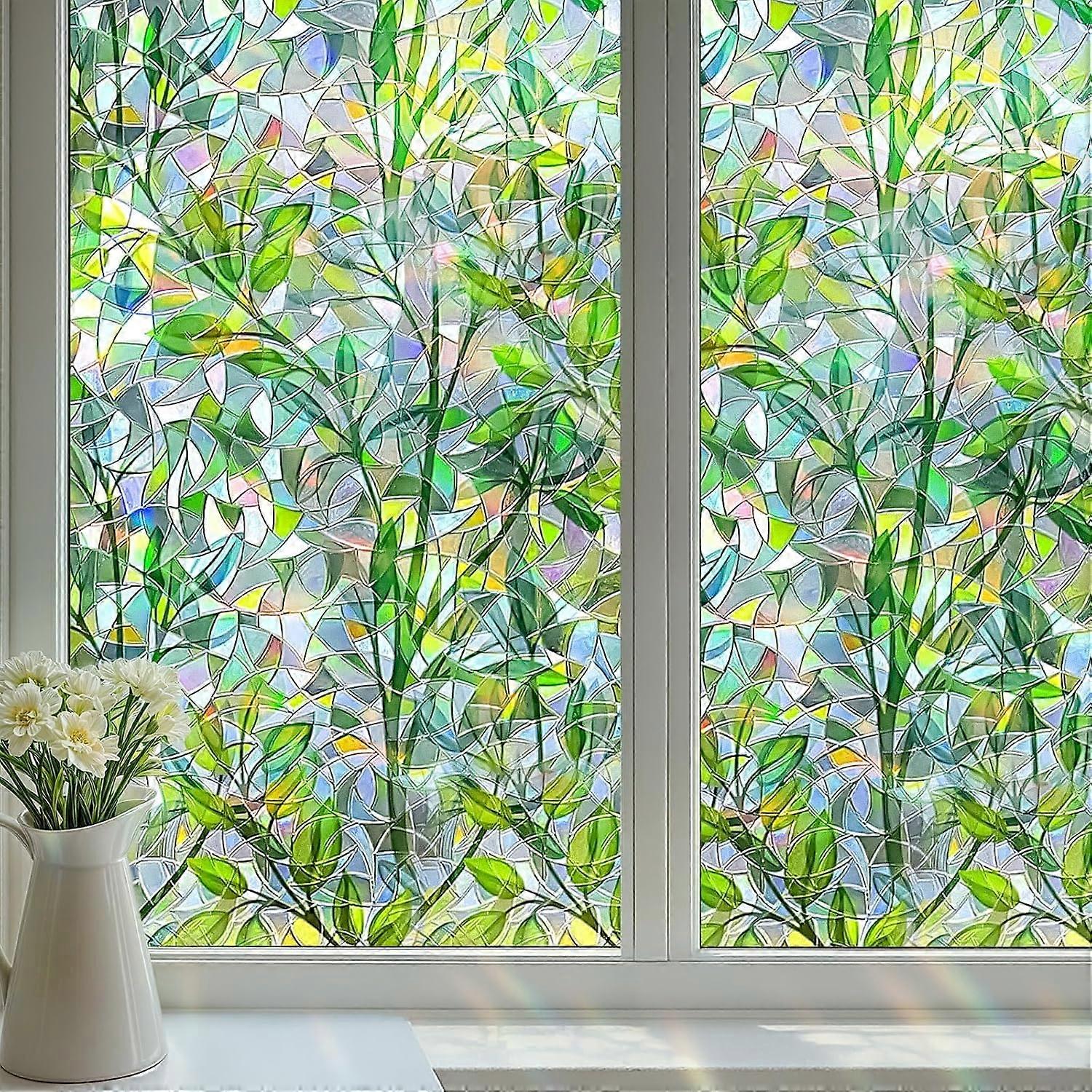 Rainbow Effect Window Film with Green Leaf Pattern, Electrostatic Anti