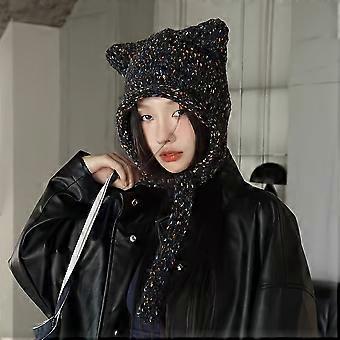 Cute Cat Ear Beanie Hat for Women, Colorful Knit Ear Warmer with Tie Strap, Warm Winter Cold Weather Headwear