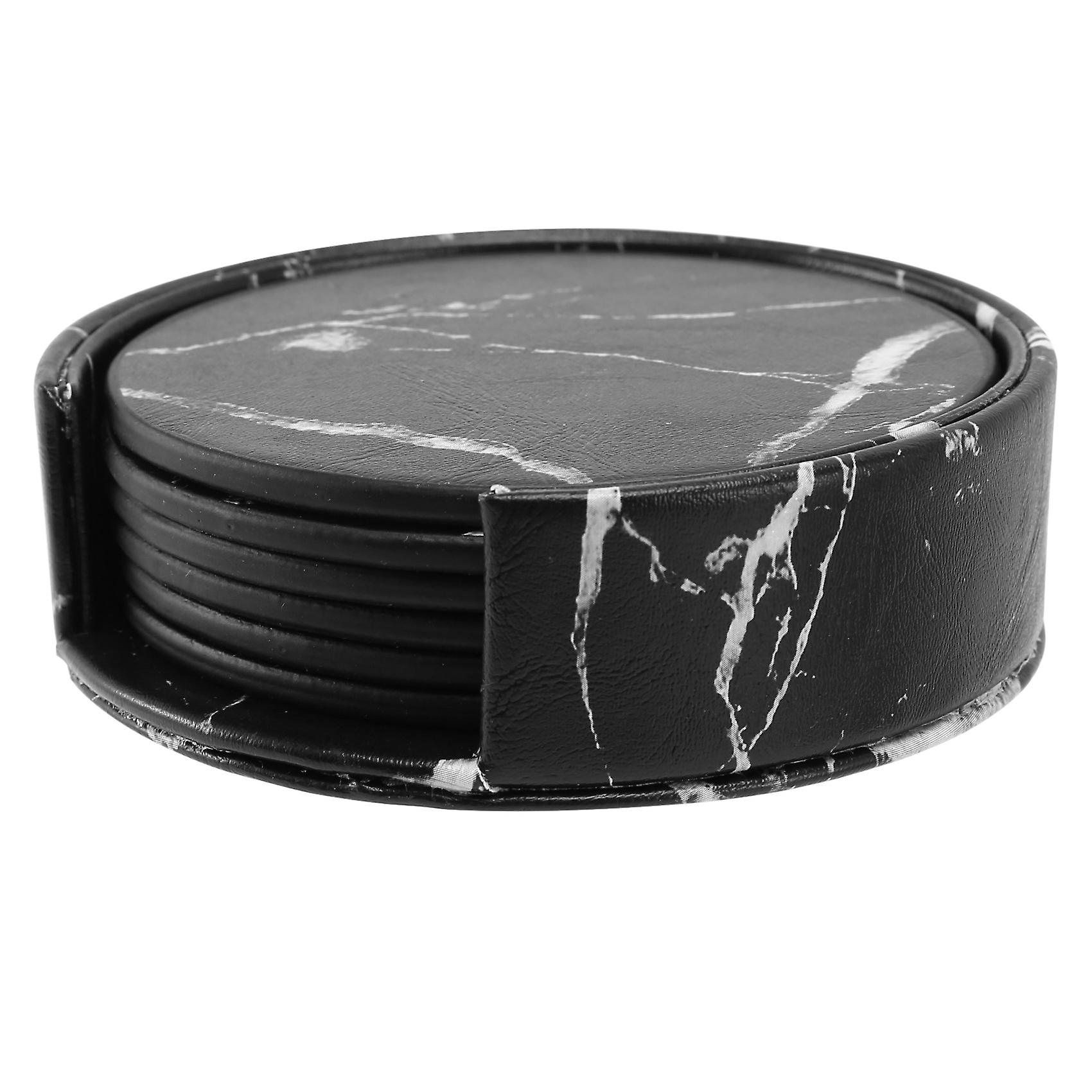Coasters for Drinks 6-Piece with Holder,Marble Black Round Cup Mat Pad Use