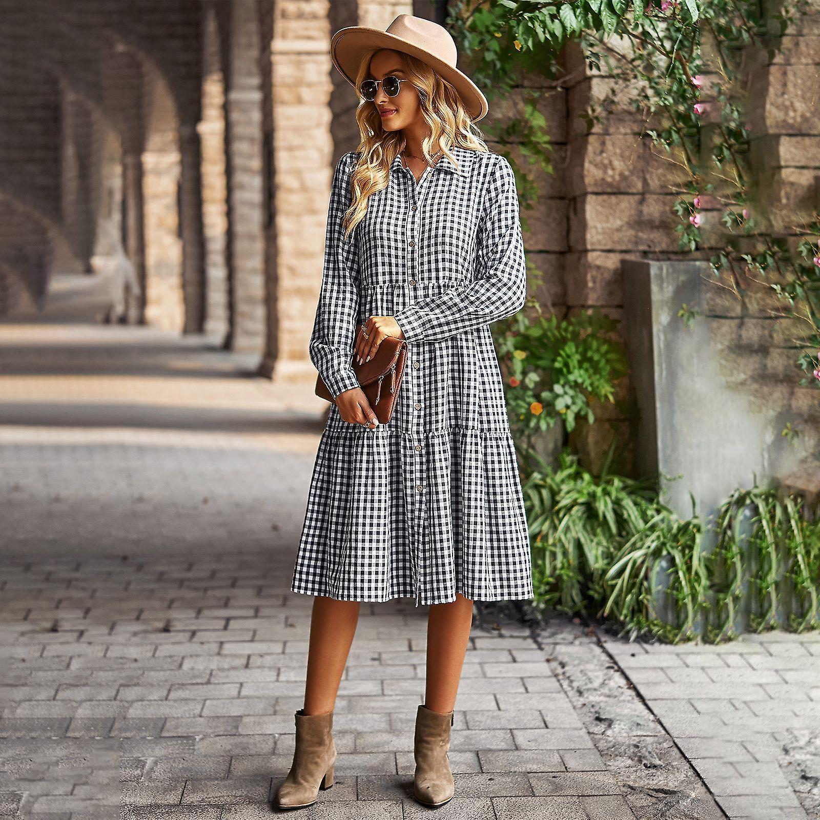 JollieLovin Women's Long Sleeve Swing Dress With Pockets - Plus Size Casual T-Shirt Dress, Loose Fit, Checkered Plaid - View #5