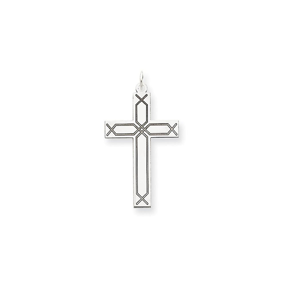 14Kホワイトゴールドソリッドレーザーエッチングポリッシュバックレーザーデザイン宗教信仰クロスペンダントネックレス41x22mm-ペンダント