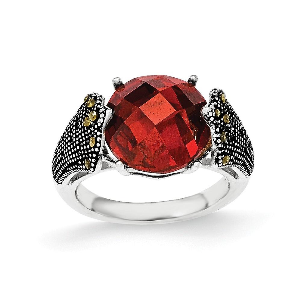 925 Sterling Silver Red Cubic Zirconia and Marcasite Ring Band Style-Ring for Women - Ring Size: 6 to 7