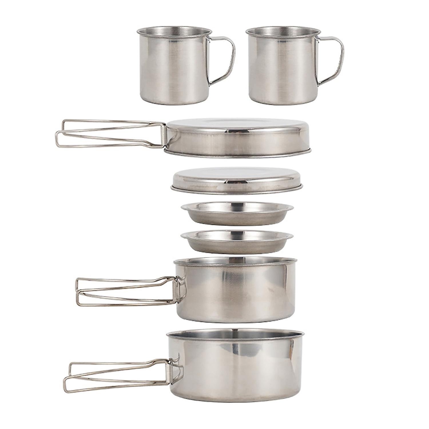 Camping Cookware Mess Kit 8PCS Stainless Steel Cooking Pot and Pan Set with Plates Cups for Outdoor